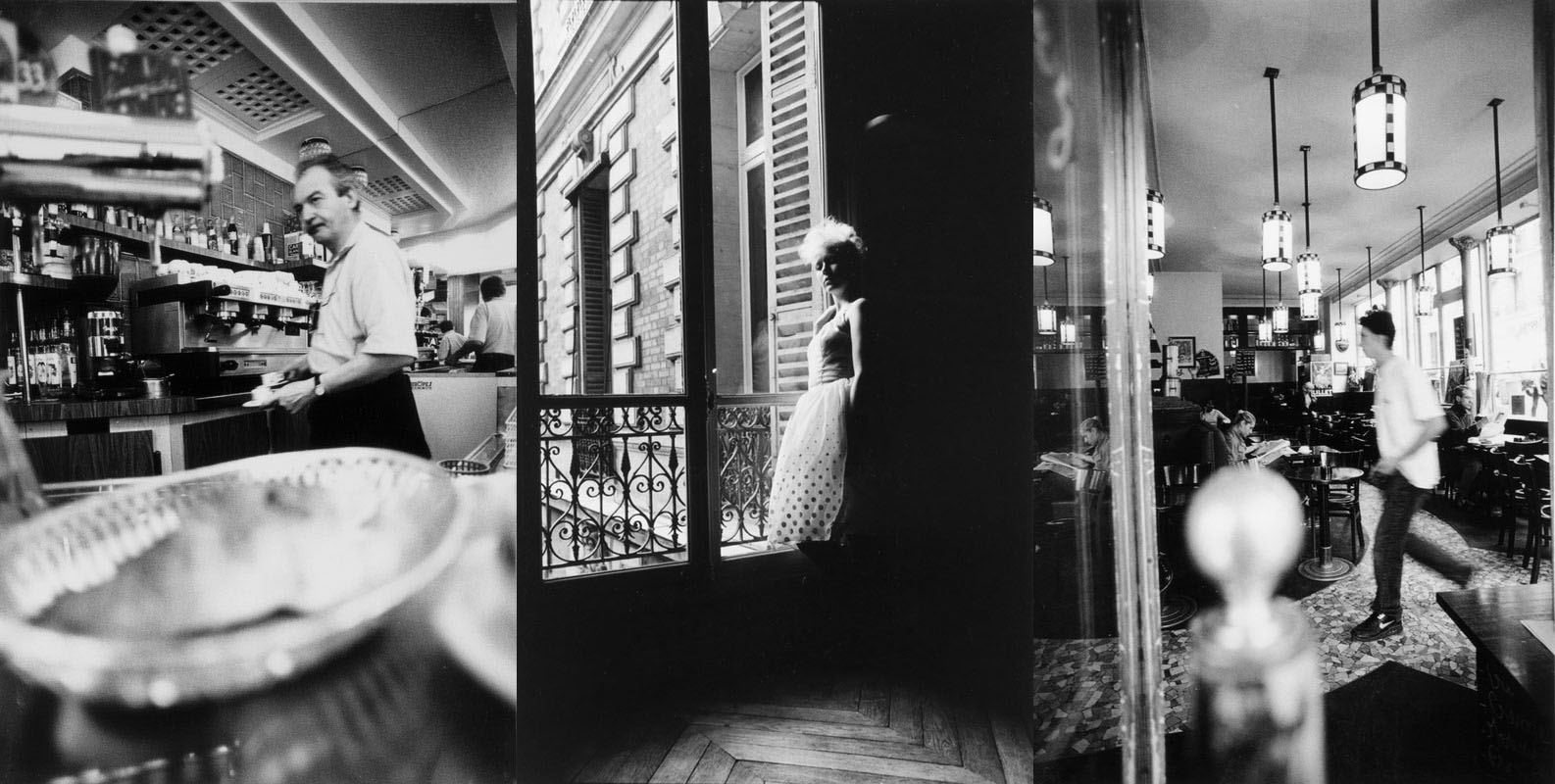 1) Bar parisien. 2) Portrait en pied d'une femme en robe à contre jour à Paris en 1984.  3) Bistrot parisien. 1, 2 & 3) Film argentique, tirages vintage.