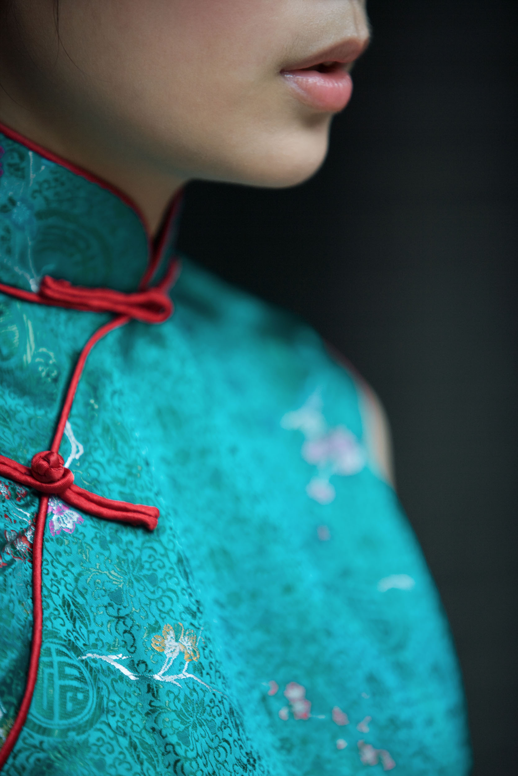 Portrait artistique d'une jeune femme asiatique vêtue d'un costume traditionnel en soie.